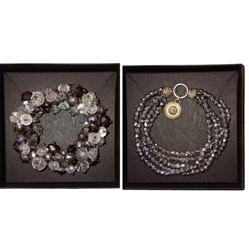 NWOT 2 Piece Stretch Beaded Bracelet Set, Silver & Black